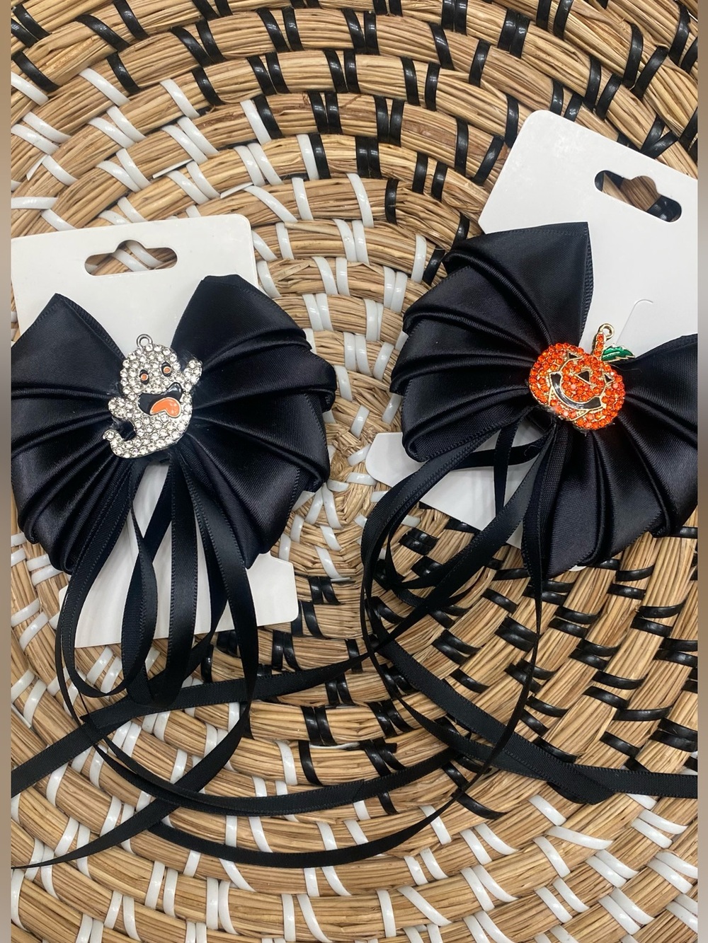 Black Satin Halloween Bow Hair Clips with Pumpkin and Ghost Charms